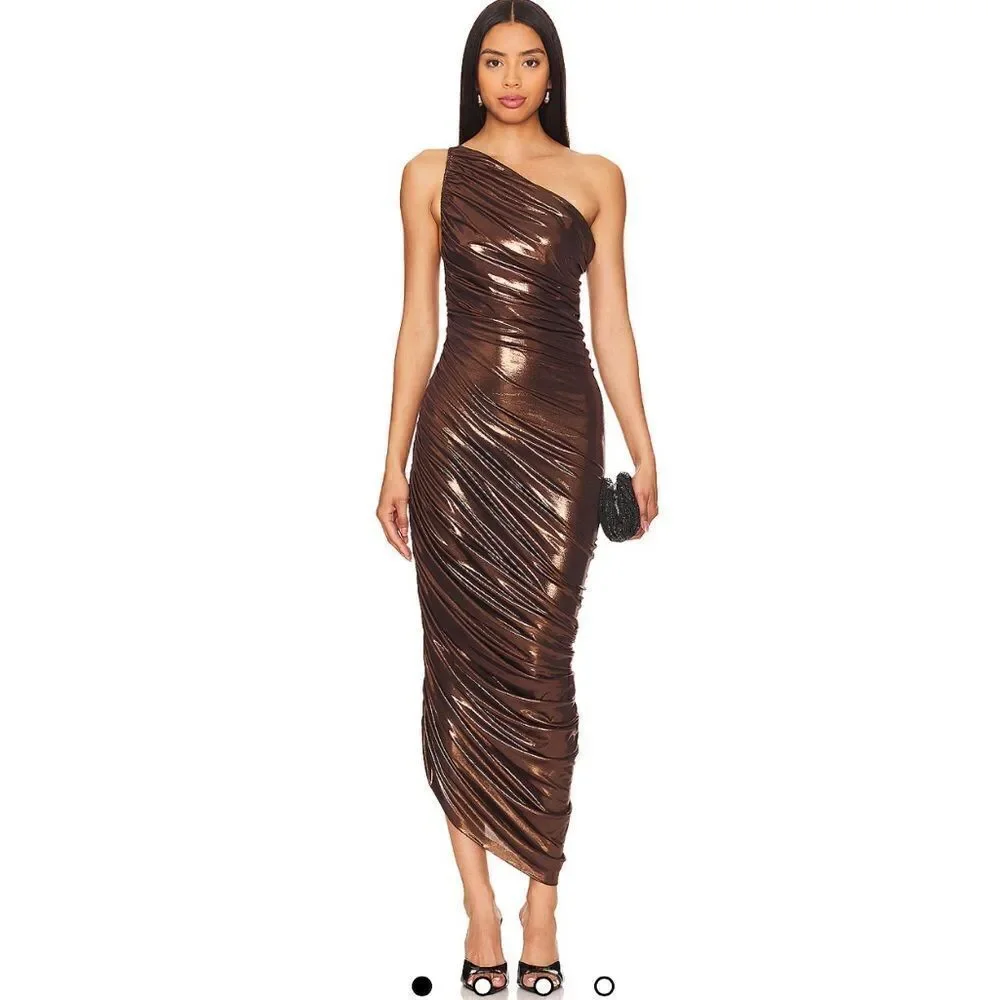NWT Norma Kamali Diana Metallic Ruched One-Shoulder Gown Small
